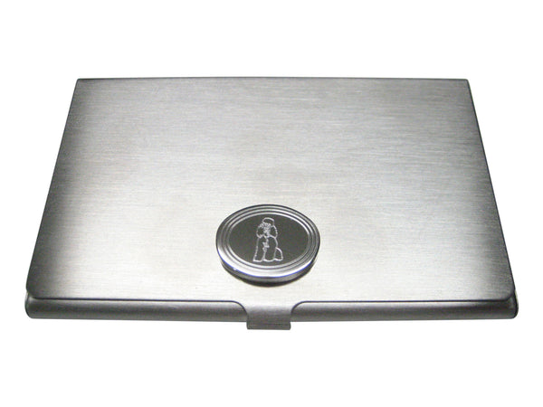 Silver Toned Etched Oval Poodle Dog Business Card Holder