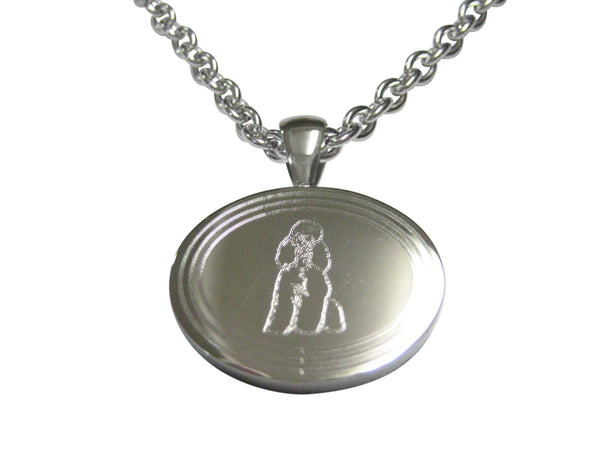 Silver Toned Etched Oval Poodle Dog Pendant Necklace