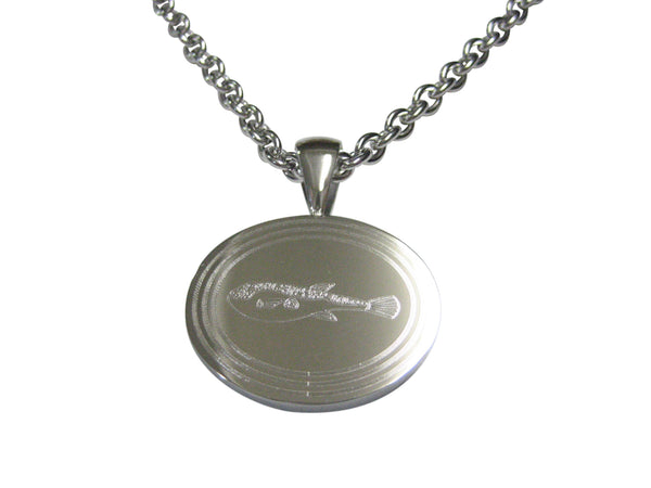 Silver Toned Etched Oval Puffer Fish Pendant Necklace
