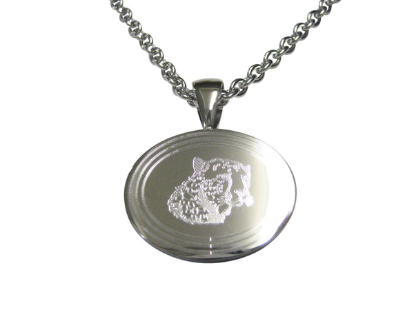 Silver Toned Etched Oval Puma Head Necklace