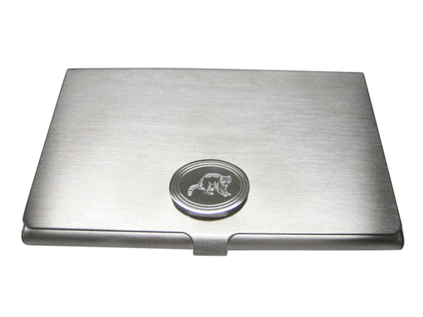Silver Toned Etched Oval Raccoon Business Card Holder