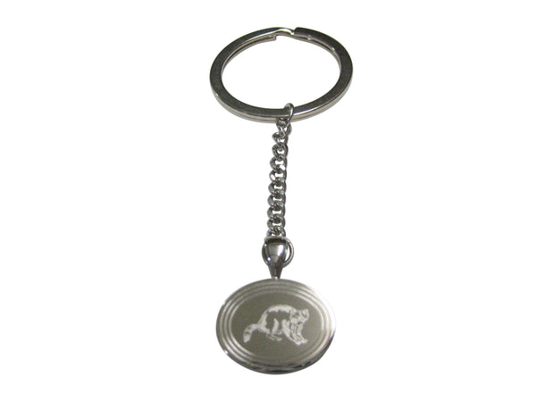 Silver Toned Etched Oval Raccoon Pendant Keychain