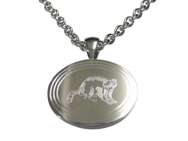 Silver Toned Etched Oval Raccoon Pendant Necklace