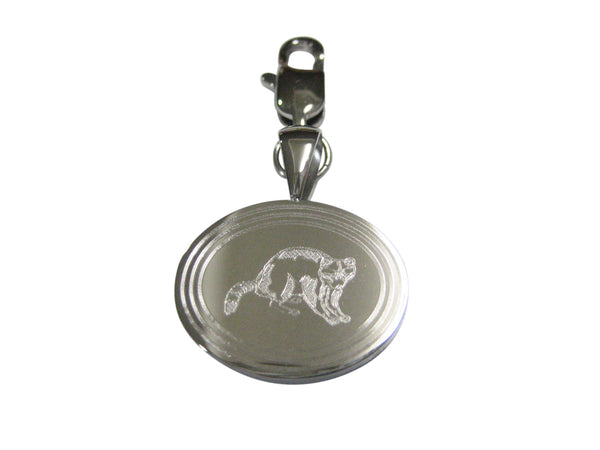 Silver Toned Etched Oval Raccoon Pendant Zipper Pull Charm