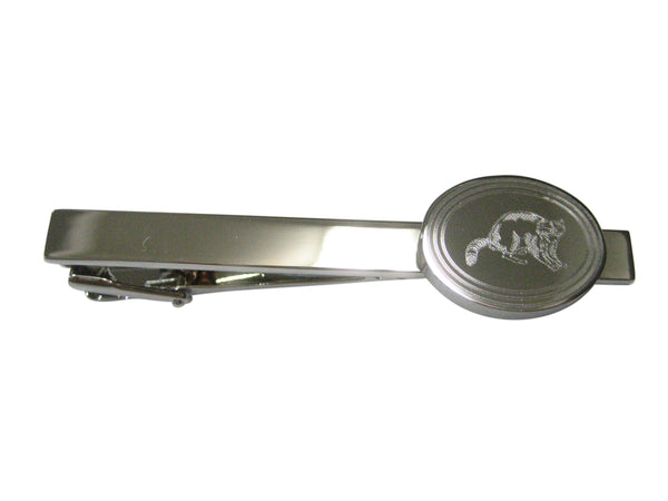 Silver Toned Etched Oval Raccoon Tie Clip
