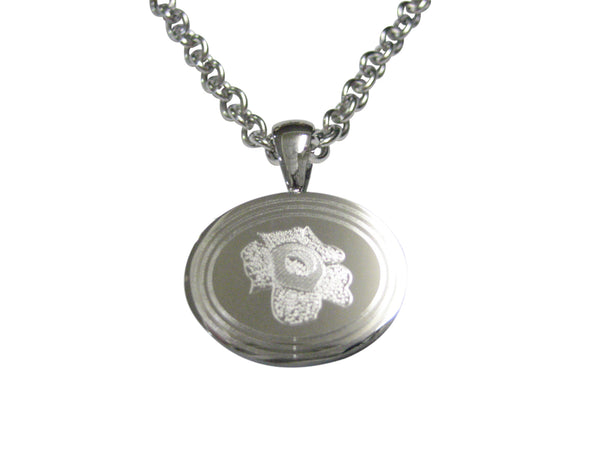 Silver Toned Etched Oval Rafflesia Arnoldii Carnivorous Plant Pendant Necklace