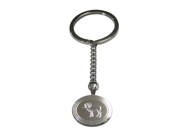 Silver Toned Etched Oval Ram Pendant Keychain