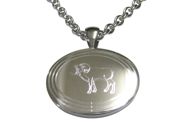 Silver Toned Etched Oval Ram Pendant Necklace