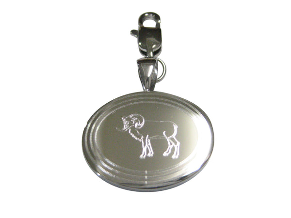Silver Toned Etched Oval Ram Pendant Zipper Pull Charm