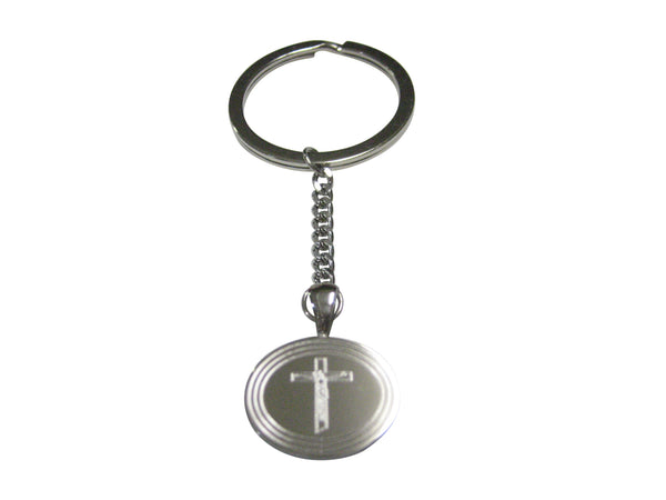 Silver Toned Etched Oval Religious Crucifix Cross Pendant Keychain