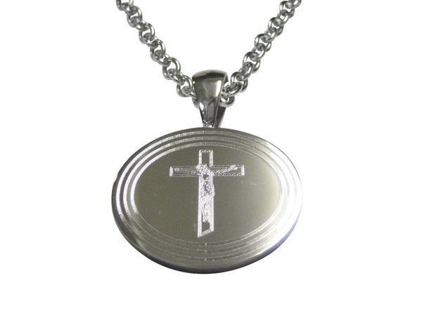 Silver Toned Etched Oval Religious Crucifix Cross Pendant Necklace