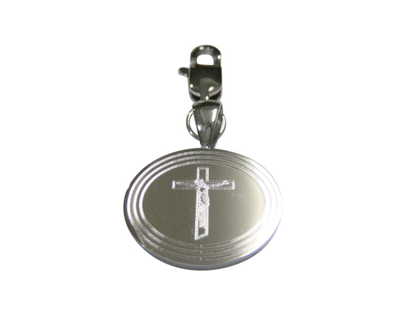 Silver Toned Etched Oval Religious Crucifix Cross Pendant Zipper Pull Charm
