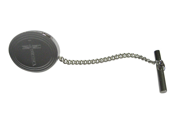 Silver Toned Etched Oval Religious Crucifix Cross Tie Tack