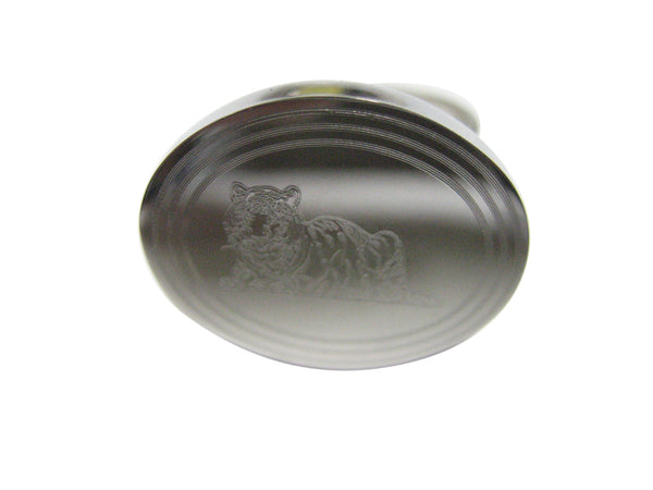 Silver Toned Etched Oval Resting Tiger Adjustable Size Fashion Ring