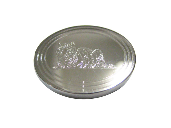 Silver Toned Etched Oval Resting Tiger Magnet