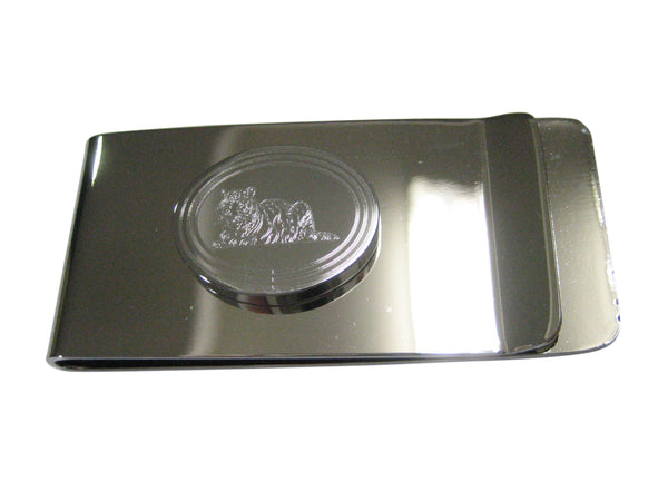 Silver Toned Etched Oval Resting Tiger Money Clip