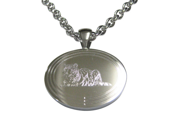 Silver Toned Etched Oval Resting Tiger Pendant Necklace