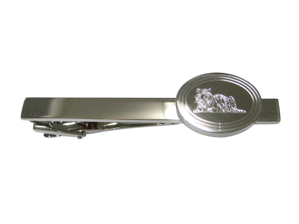 Silver Toned Etched Oval Resting Tiger Tie Clip