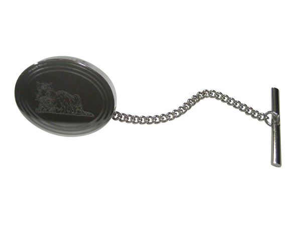 Silver Toned Etched Oval Resting Tiger Tie Tack