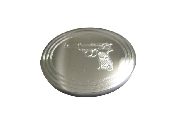 Silver Toned Etched Oval Retro Handgun Magnet