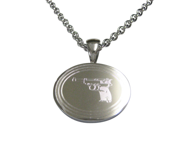 Silver Toned Etched Oval Retro Handgun Pendant Necklace