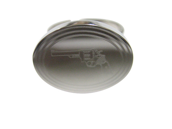 Silver Toned Etched Oval Revolver Gun Pistol Adjustable Size Fashion Ring