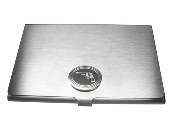 Silver Toned Etched Oval Revolver Gun Pistol Business Card Holder
