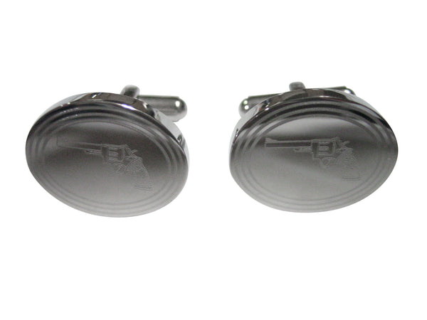 Silver Toned Etched Oval Revolver Gun Pistol Cufflinks