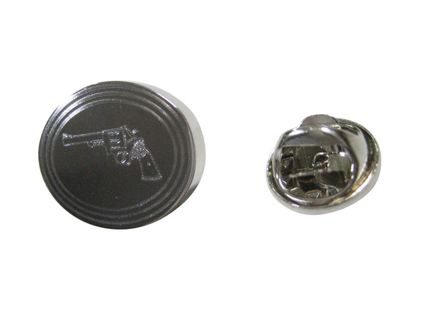 Silver Toned Etched Oval Revolver Gun Pistol Lapel Pin