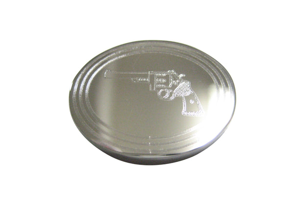Silver Toned Etched Oval Revolver Gun Pistol Magnet
