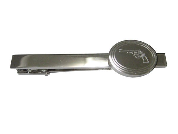 Silver Toned Etched Oval Revolver Gun Pistol Tie Clip