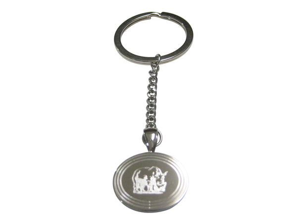 Silver Toned Etched Oval Rhino Pendant Keychain