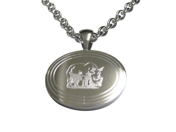 Silver Toned Etched Oval Rhino Pendant Necklace