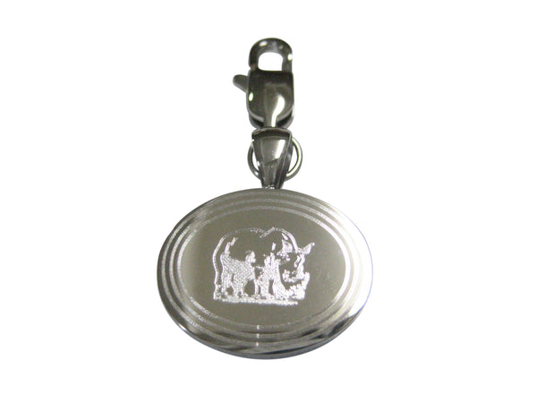 Silver Toned Etched Oval Rhino Pendant Zipper Pull Charm
