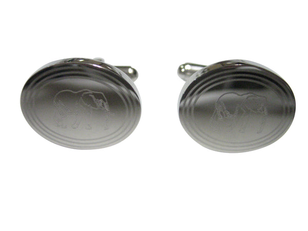 Silver Toned Etched Oval Right Facing Elephant Cufflinks