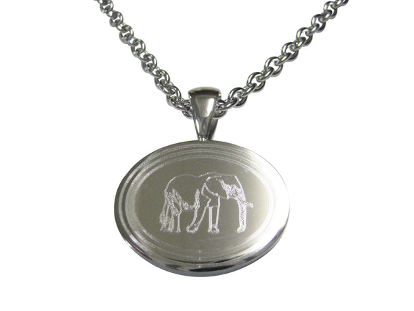 Silver Toned Etched Oval Right Facing Elephant Pendant Necklace