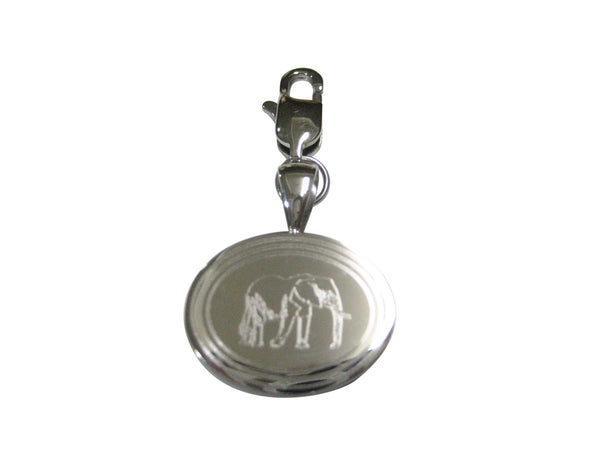 Silver Toned Etched Oval Right Facing Elephant Pendant Zipper Pull Charm