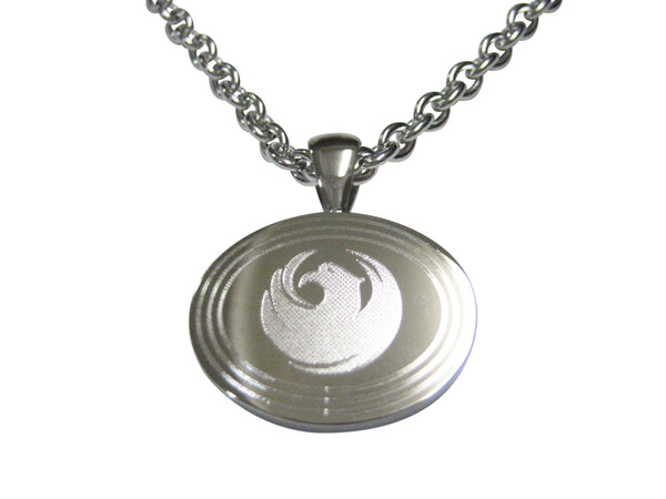 Silver Toned Etched Oval Rising Phoenix Pendant Necklace