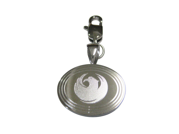 Silver Toned Etched Oval Rising Phoenix Pendant Zipper Pull Charm