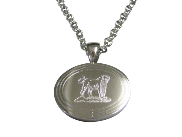 Silver Toned Etched Oval Roaring Lioness Pendant Necklace