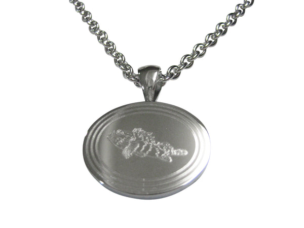 Silver Toned Etched Oval Rock Cod Fish Pendant Necklace