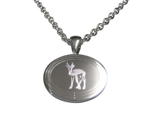Silver Toned Etched Oval Roebuck Deer Pendant Necklace