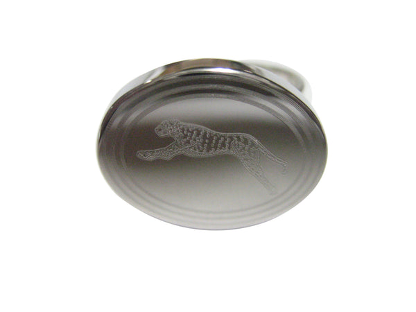 Silver Toned Etched Oval Running Cheetah Adjustable Size Fashion Ring