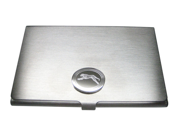 Silver Toned Etched Oval Running Cheetah Business Card Holder