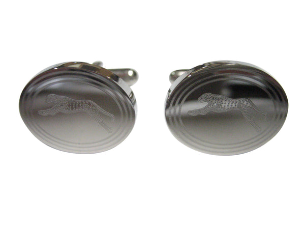 Silver Toned Etched Oval Running Cheetah Cufflinks