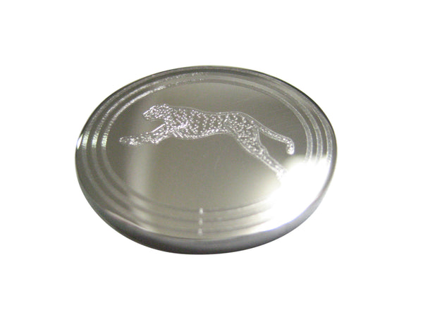 Silver Toned Etched Oval Running Cheetah Magnet