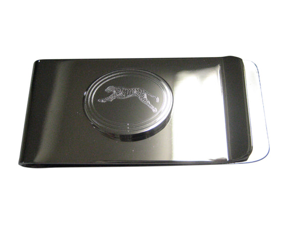 Silver Toned Etched Oval Running Cheetah Money Clip