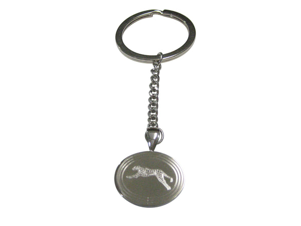 Silver Toned Etched Oval Running Cheetah Pendant Keychain