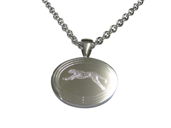 Silver Toned Etched Oval Running Cheetah Pendant Necklace