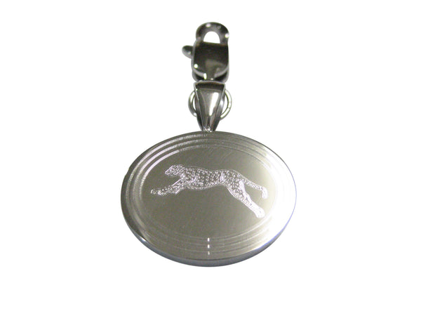 Silver Toned Etched Oval Running Cheetah Pendant Zipper Pull Charm